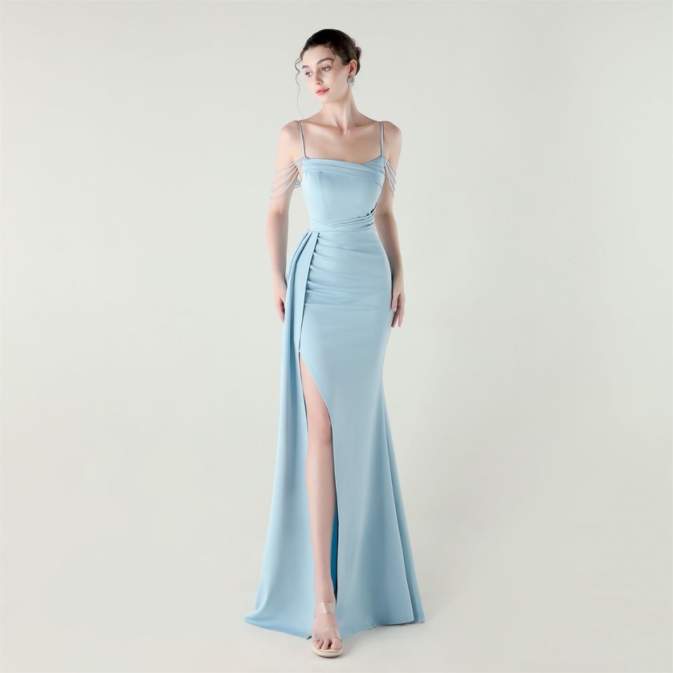 Crystal Beads Spaghetti Pleated Waist Evening Gown (Light Blue) (Retail)