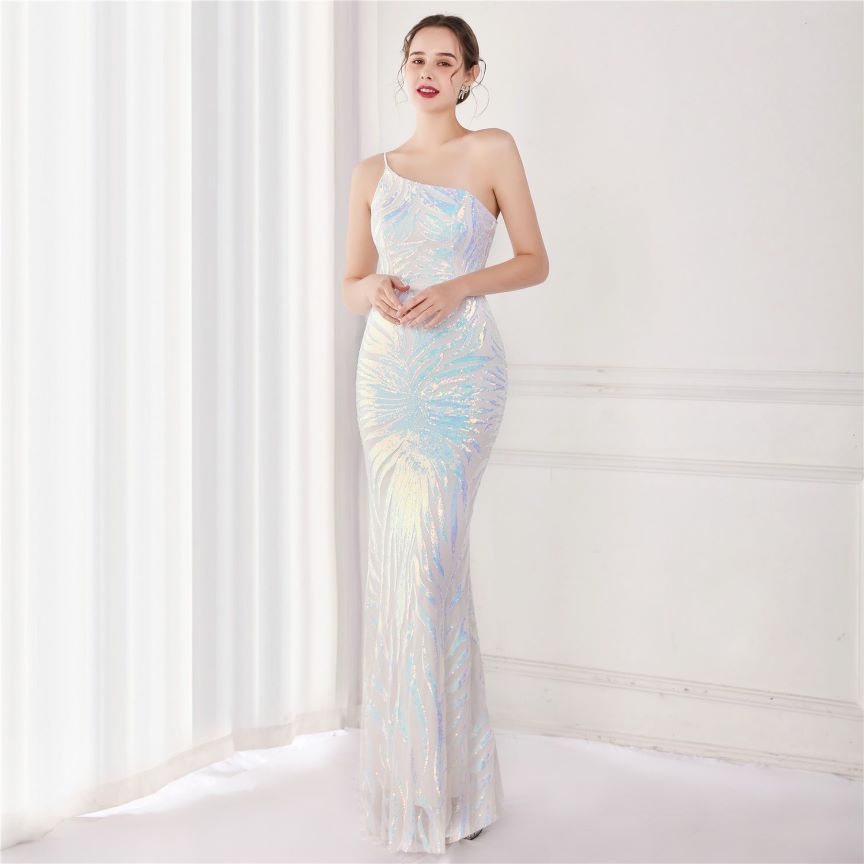 One Side Sling Shoulder Sequins Mermaid Gown (White) (Made To Order)