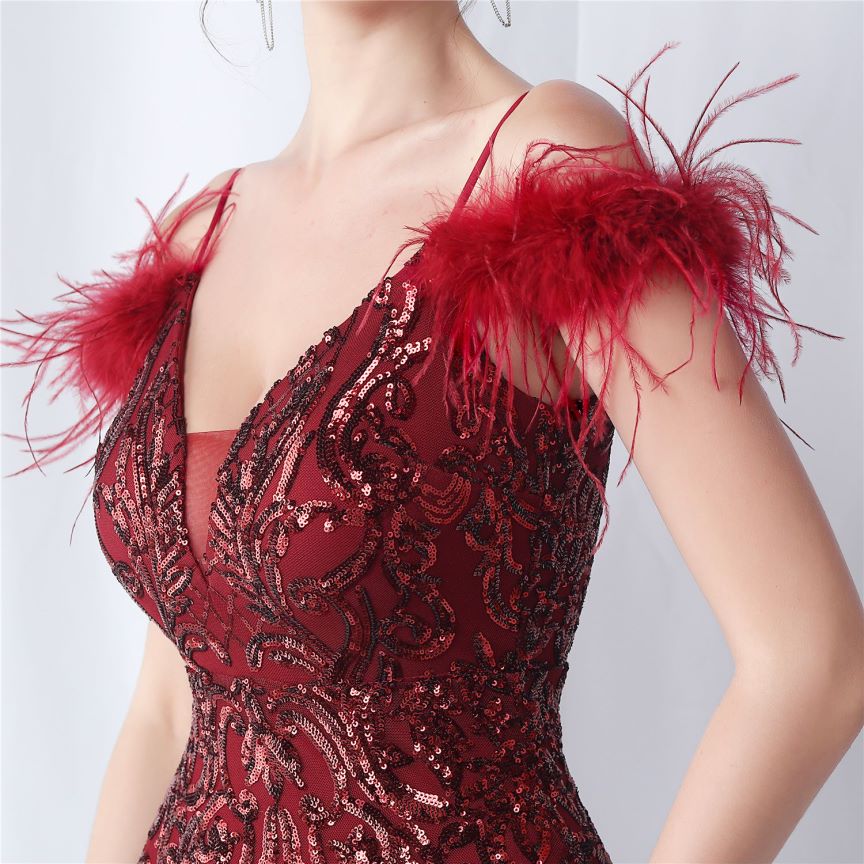 Cold Shoulder Feather Sequins Evening Gown (Burgundy) (Made To Order)