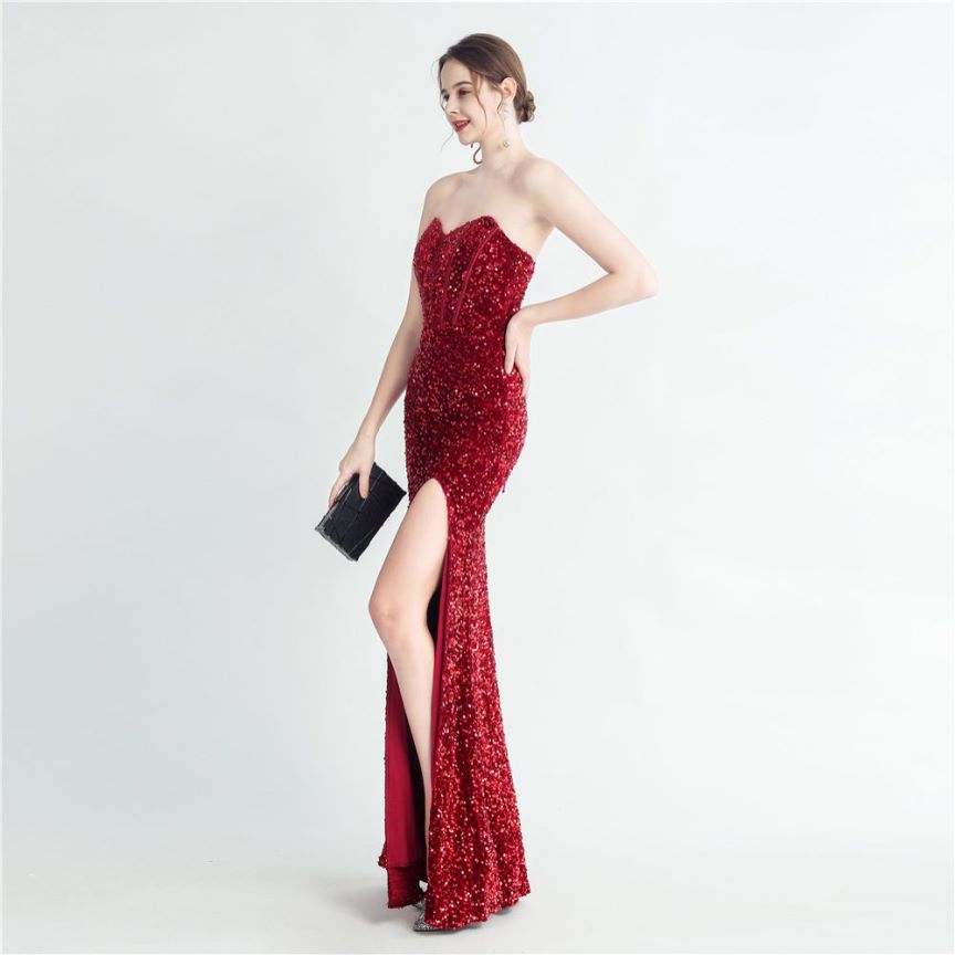 Strapless Corset Sequins with High Slit (Red) (Made To Order)