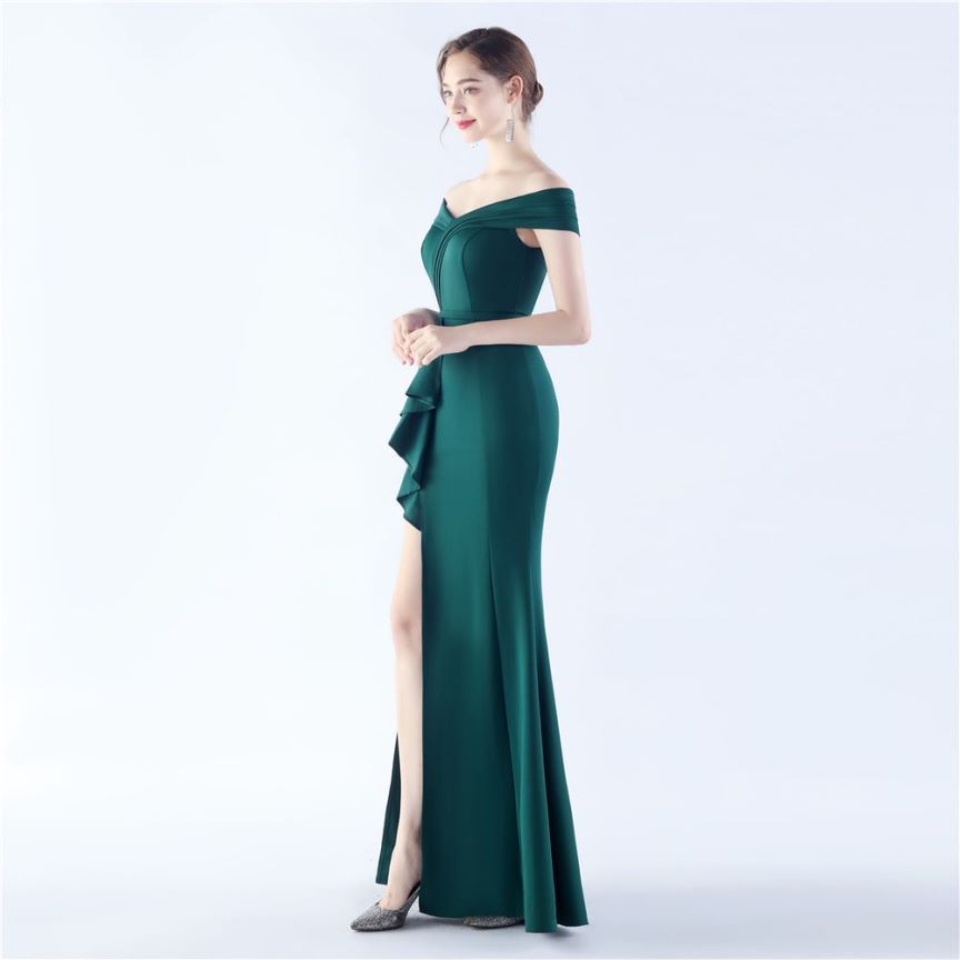 Off Shoulder Ruffles With Split Slit Evening Gown (Green) (Made To Order)