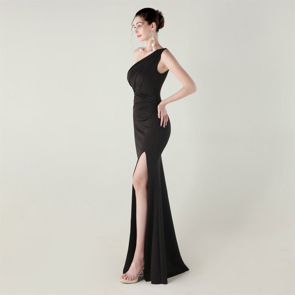 One Side Shoulder Pleated Evening Gown (Black) (Made To Order)
