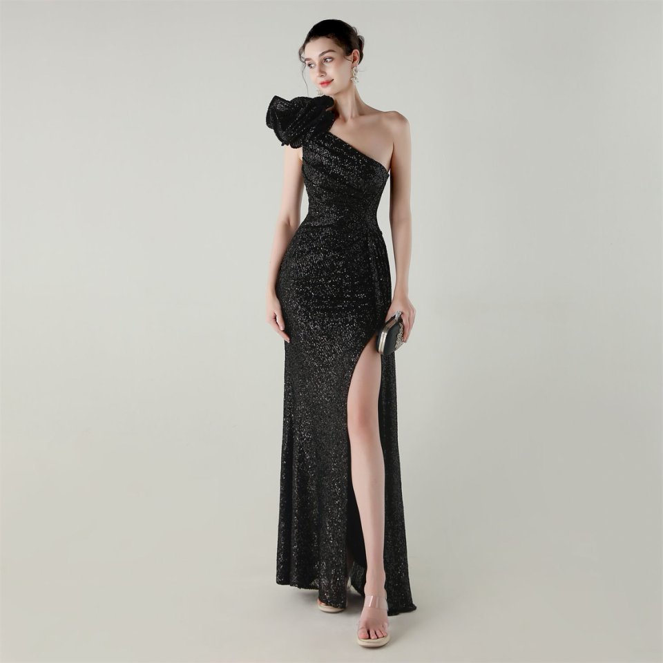 Gorgeous One Side Shoulder Pleated Sequins Evening Gown (Black) (Made To Order)