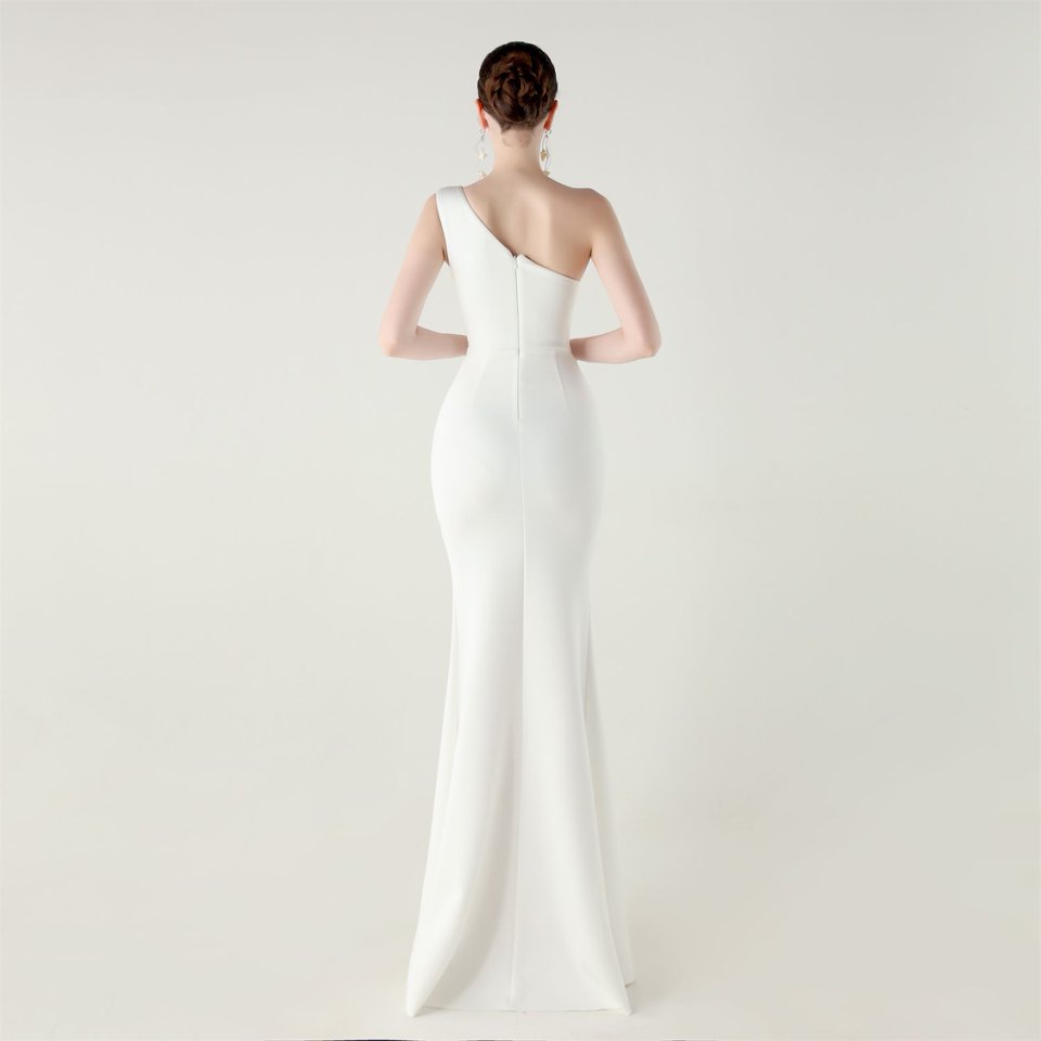 One Side Shoulder Pleated Evening Gown (White) (Made To Order)