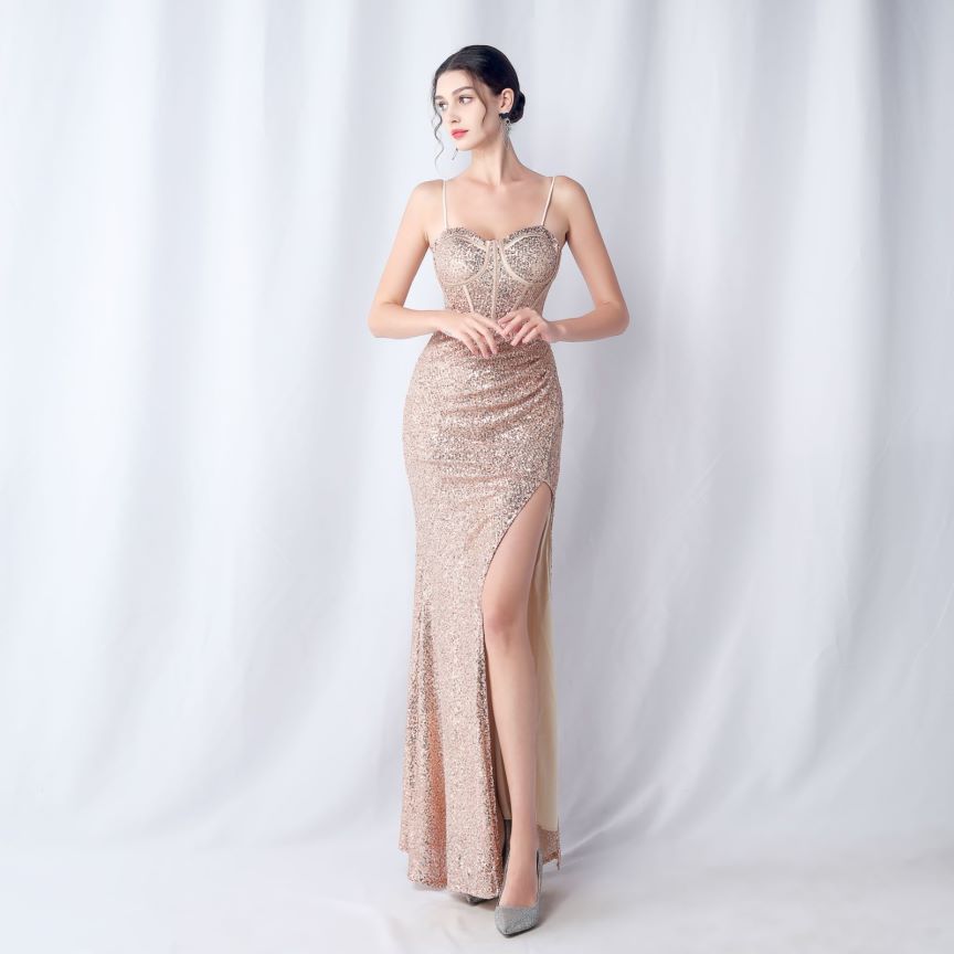 Glamorous Spaghetti Sequins Evening Gown (Rose Gold) (Made To Order)