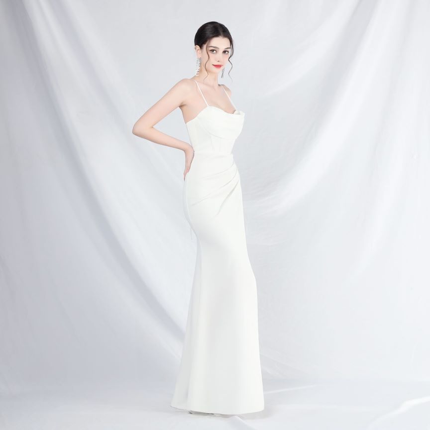 Spaghetti Back Cross Overlap Slit Evening Gown (Made To Order) (White)