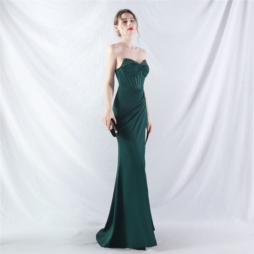 Strapless Crystal Beads Corset Overlap Slit Evening Gown (Green) (Made To Order)