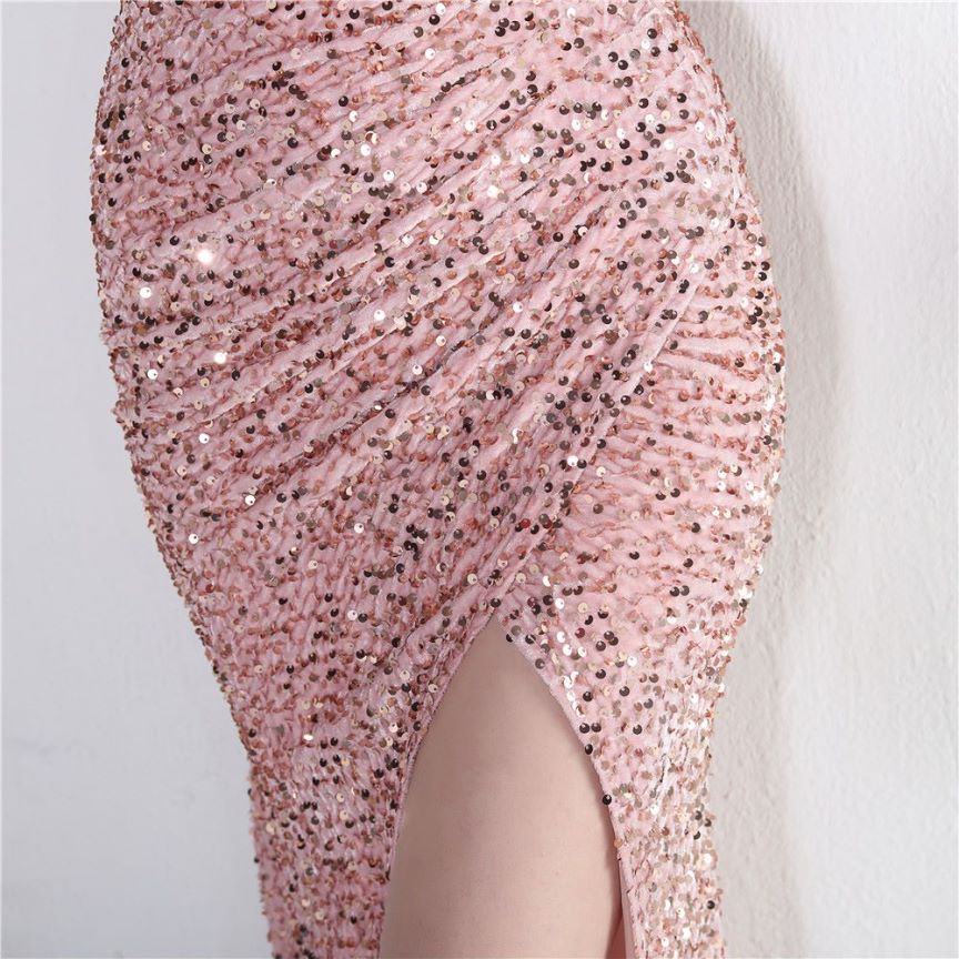 One Side Shoulder Sequins with Overlap Slit Evening Gowns (Pink) (Made To Order)