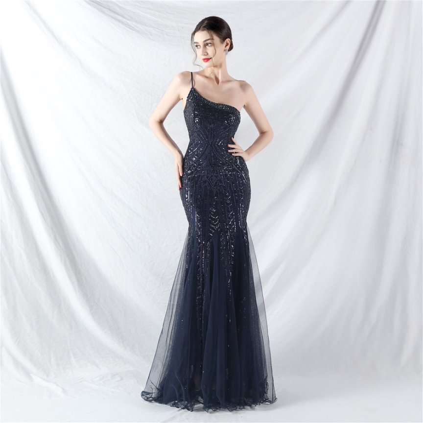 Elegant One-Shoulder Black Sequin Evening Gown with Tulle Skirt (Navy Blue) (Retail)