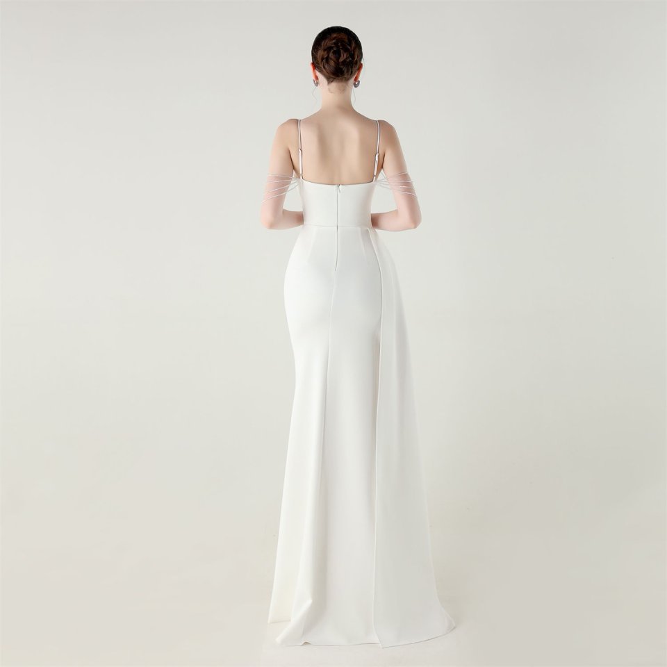 Crystal Beads Spaghetti Pleated Waist Evening Gown (White) (Make To Order)