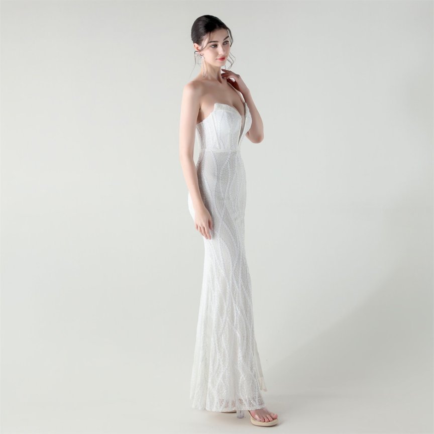 Strapless Sequins High Slit Evening Gown (White) (Retail)