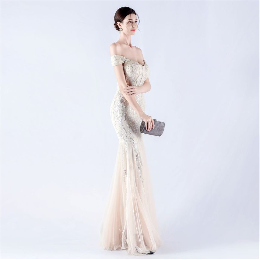 Off Shoulder Sequins Tulle Evening Gown (Silver) (Made To Order)