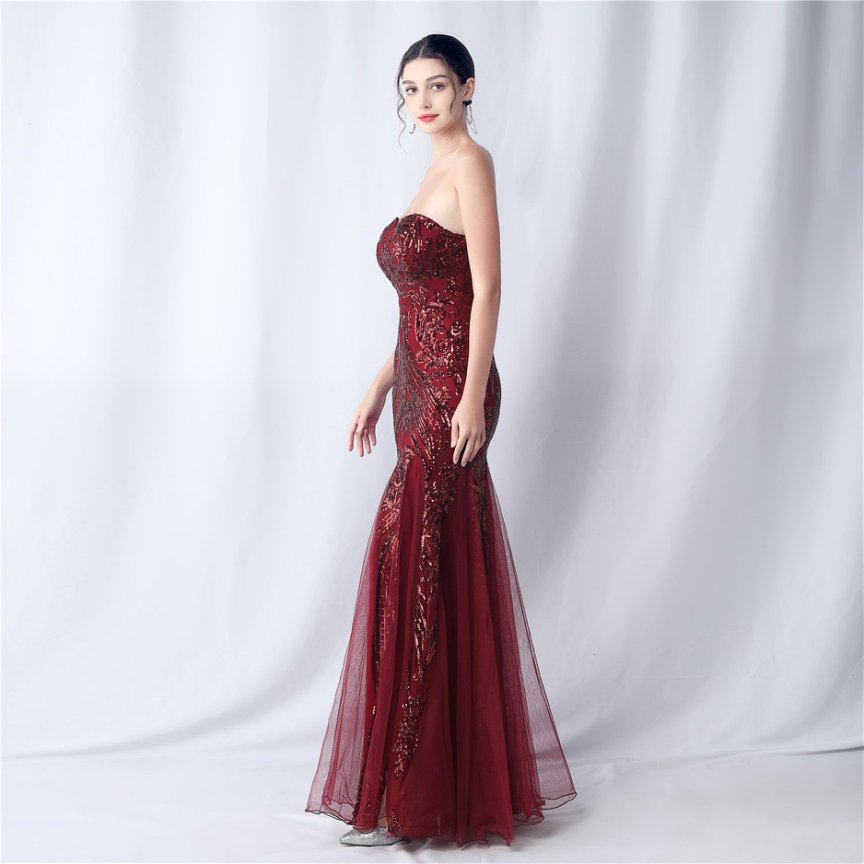 Strapless Sequins Frills Evening Gown (Maroon) (Made To Order)
