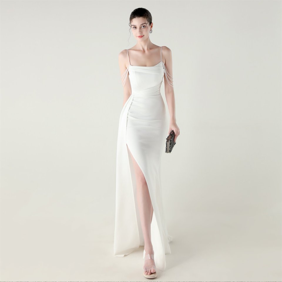 Crystal Beads Spaghetti Pleated Waist Evening Gown (White) (Make To Order)