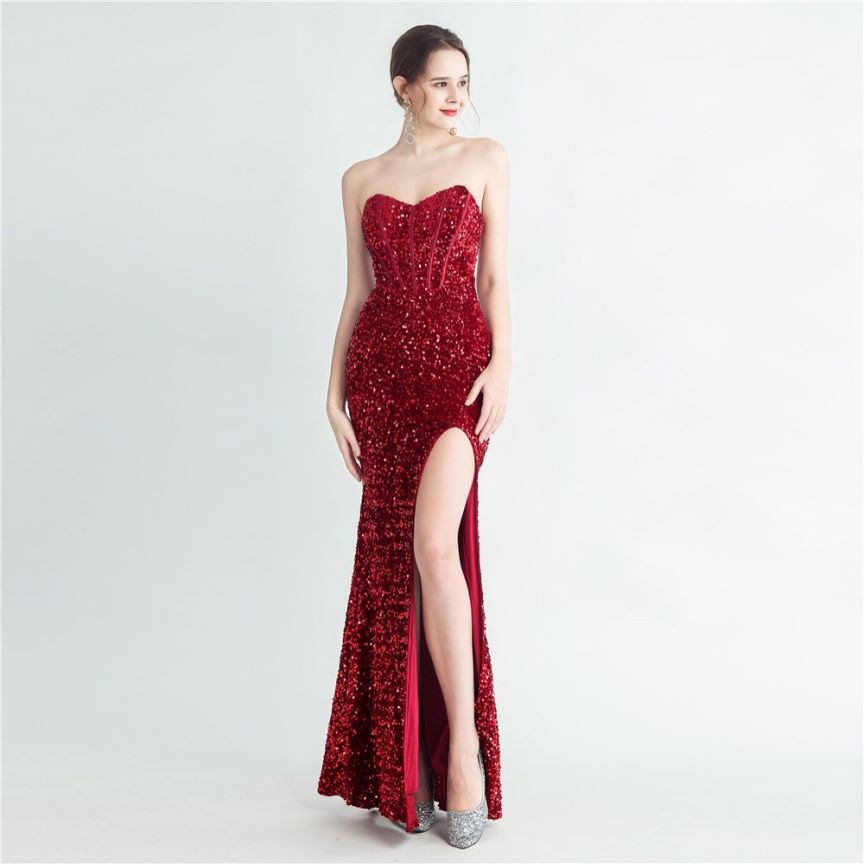 Strapless Corset Sequins with High Slit (Red) (Made To Order)
