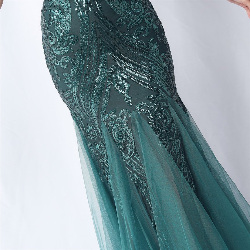 Strapless Sequins Frills Evening Gown (Green) (Made To Order)