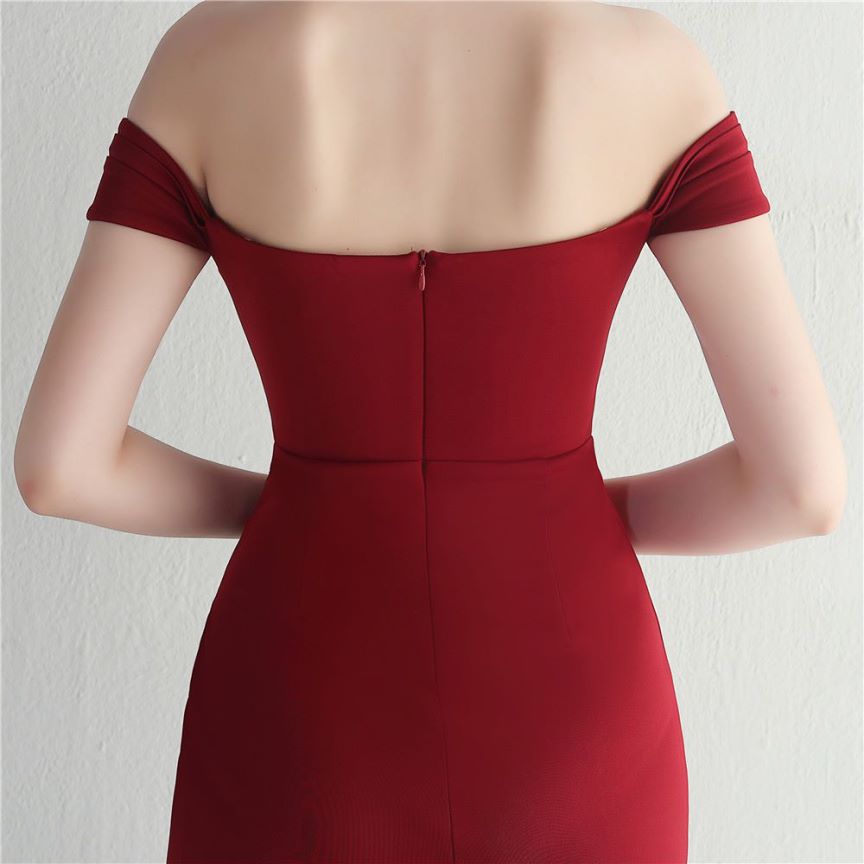 Off Shoulder Fitted with Overlap Slit Evening Gown (Maroon) (Made To Order)