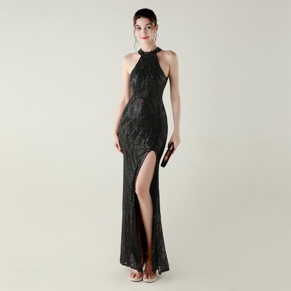 Halter Neck Sequins Backless Fitted Evening Gown (Black) (Made To Order)