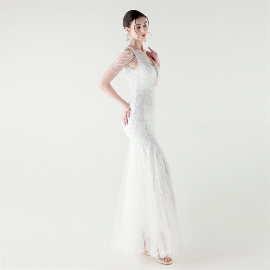 Fashion Crystal Beads with Splits Tail Evening Gown (White) (Made To Order)