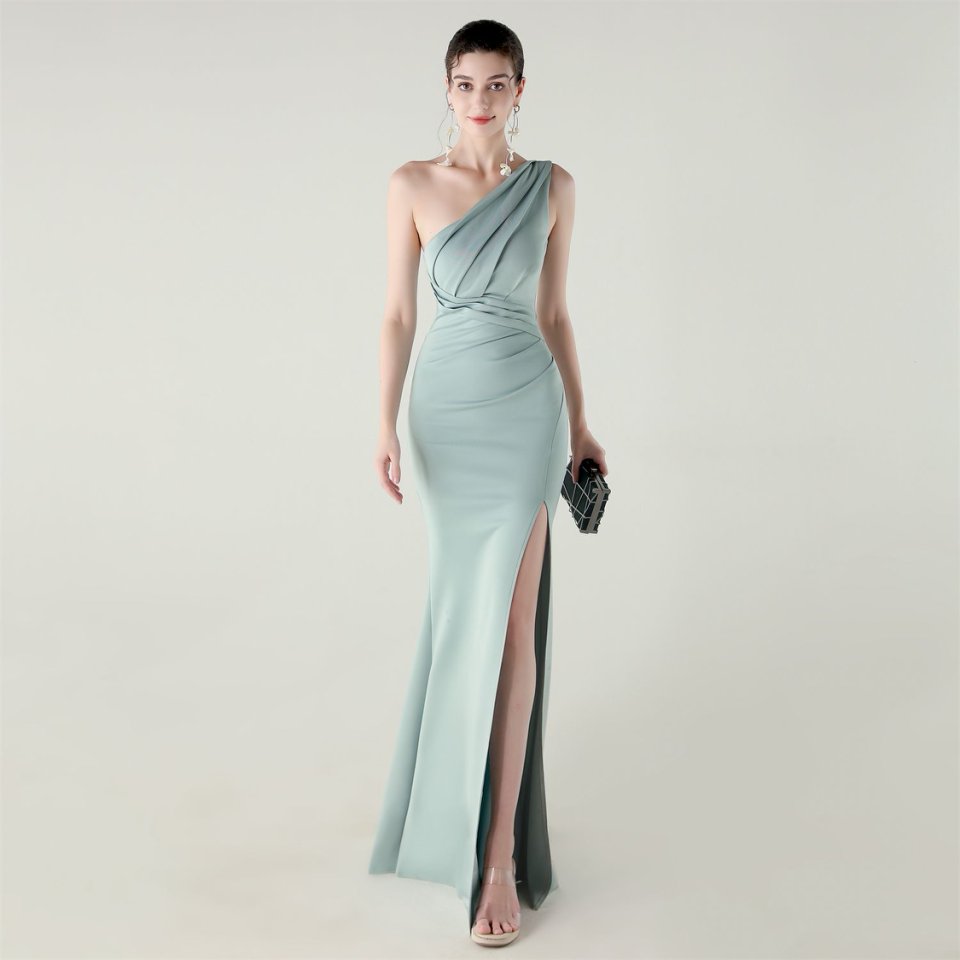 One Side Shoulder Pleated Evening Gown (Lake) (Made To Order)