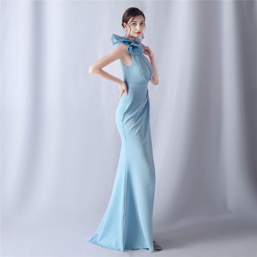Glamorous One Side Shoulder with Overlap Slit Evening Dress (Baby Blue) (Made To Order)