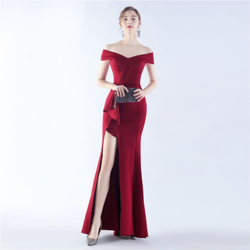 Off Shoulder Ruffles With Split Slit Evening Gown (Burgundy) (Made To Order)