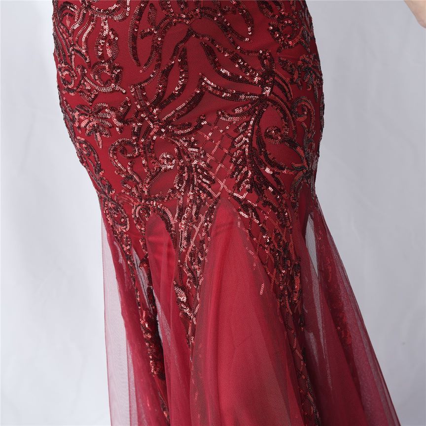 Cold Shoulder Feather Sequins Evening Gown (Burgundy) (Made To Order)