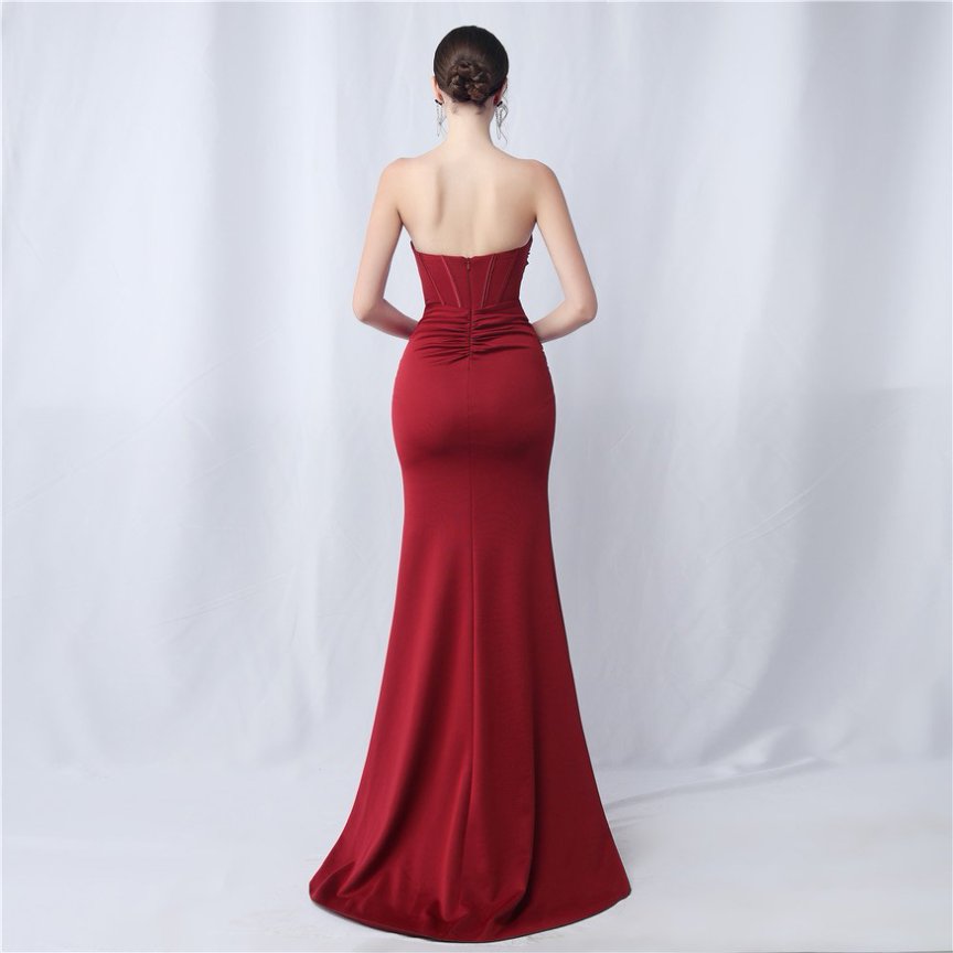 Strapless Solid Sexy Evening Gown (Maroon) (Made To Order)