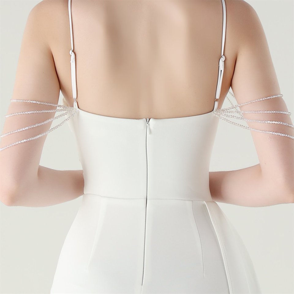 Crystal Beads Spaghetti Pleated Waist Evening Gown (White) (Make To Order)