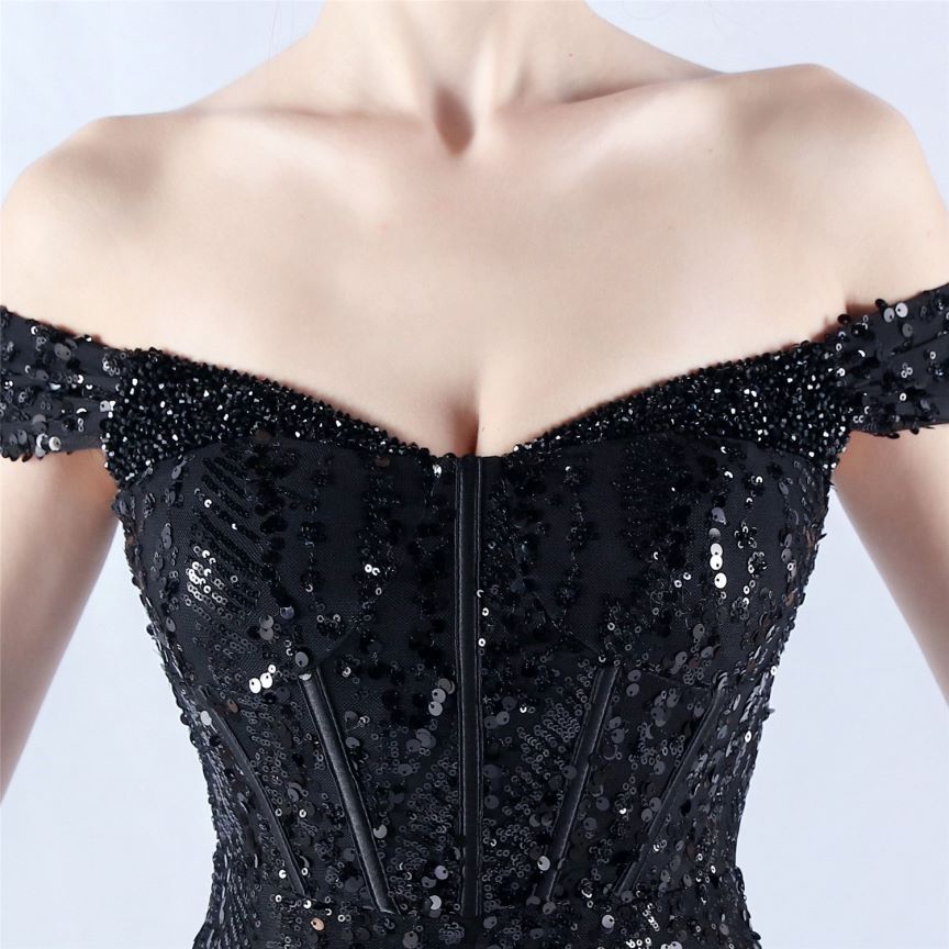 Off Shoulder Sequins Tulle Evening Gown (Black) (Made To Order)