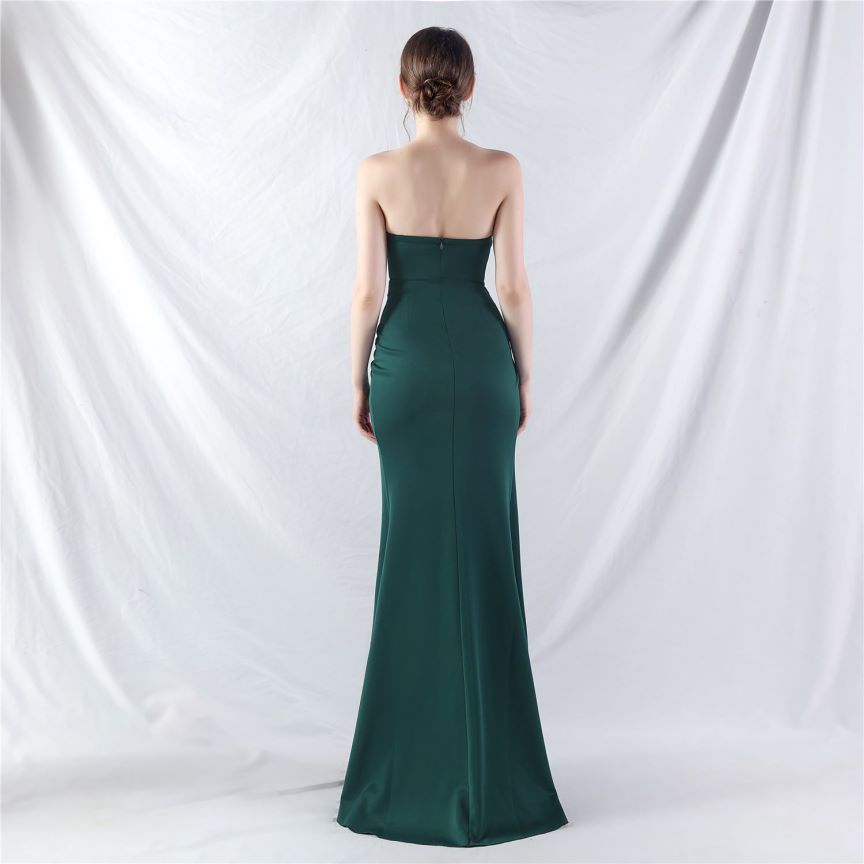Strapless Crystal Beads Corset Overlap Slit Evening Gown (Green) (Made To Order)