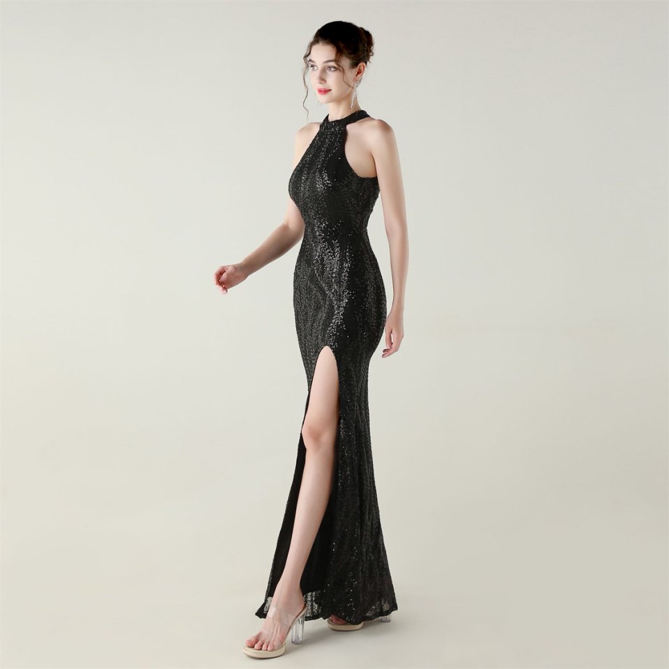 Halter Neck Sequins Backless Fitted Evening Gown (Black) (Made To Order)