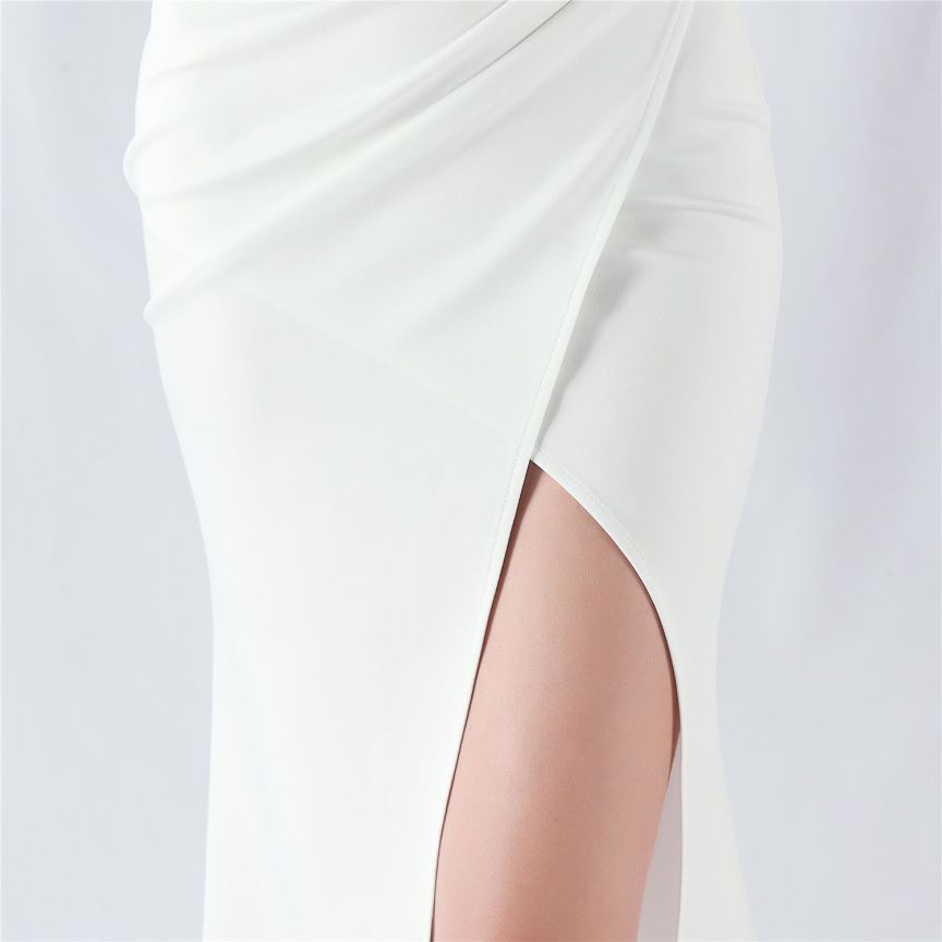 Pleated Off Shoulder Slim Evening Dress (White) (Made To Order)