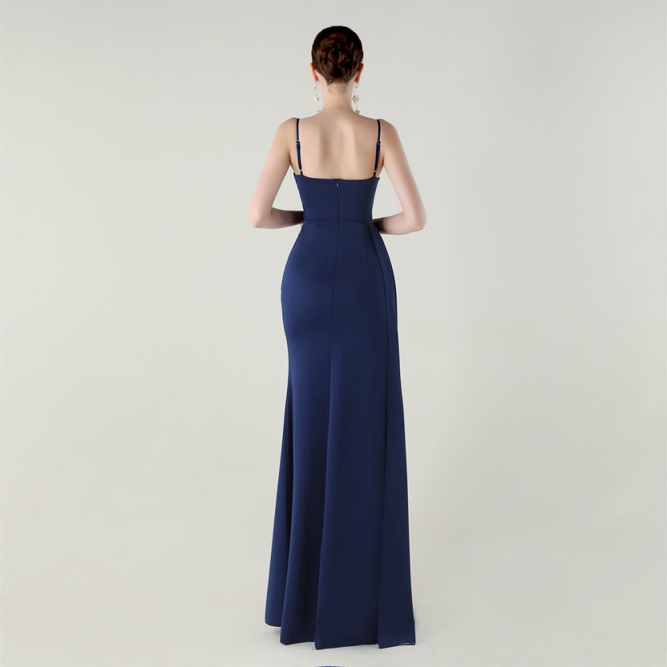Spaghetti Pleated Waist Evening Gown (Navy Blue) (Made To Order)