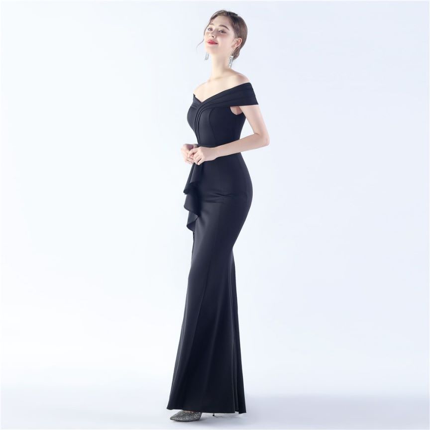 Off Shoulder Ruffles With Split Slit Evening Gown (Black) (Made To Order)