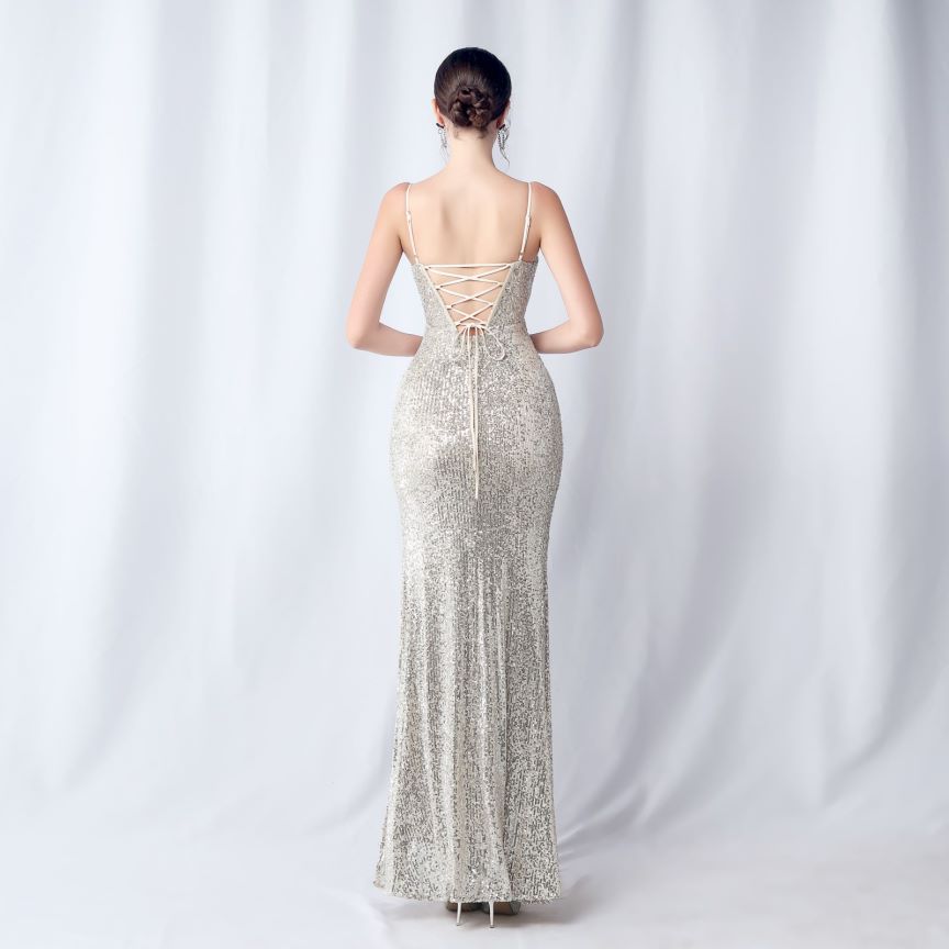 Glamorous Spaghetti Sequins Evening Gown (Silver) (Made To Order)