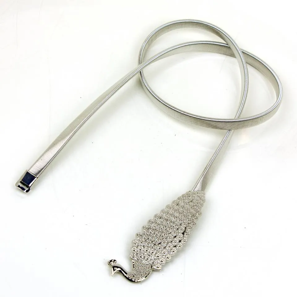 Women Stretchable Spring Peacock Belt - Silver
