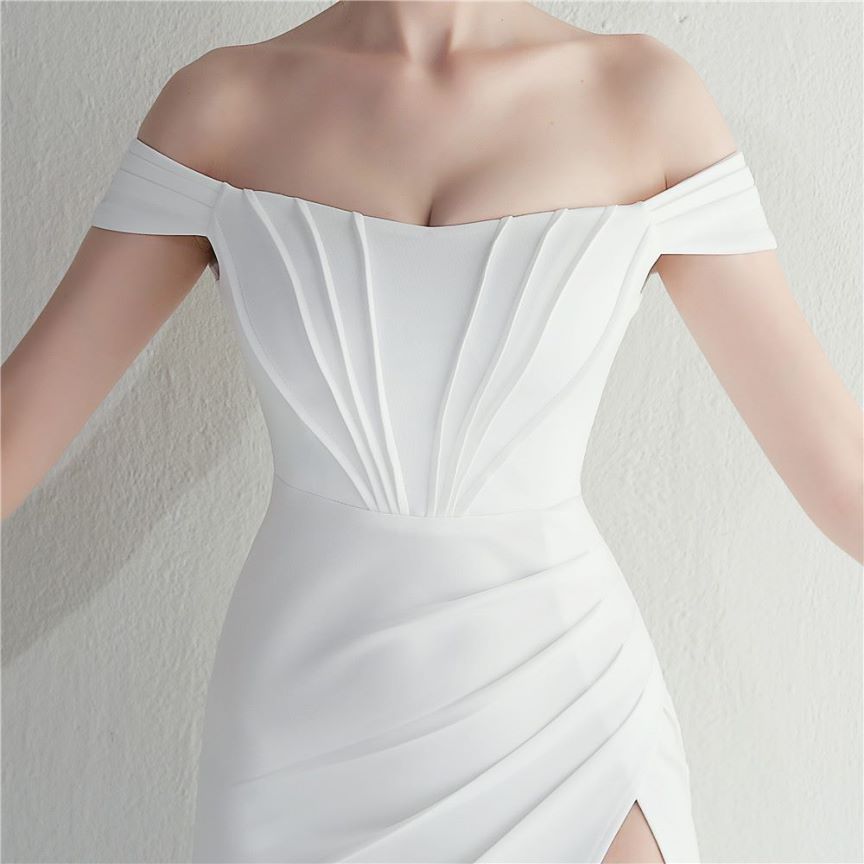 Off Shoulder Fitted with Overlap Slit Evening Gown (White) (Made To Order)