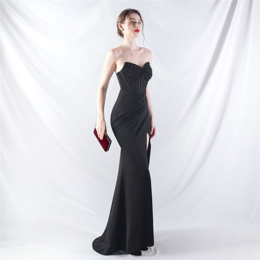 Strapless Crystal Beads Corset Overlap Slit Evening Gown (Black) (Retail)