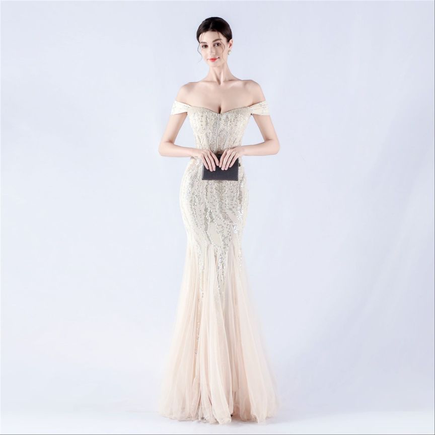 Off Shoulder Sequins Tulle Evening Gown (Silver) (Made To Order)