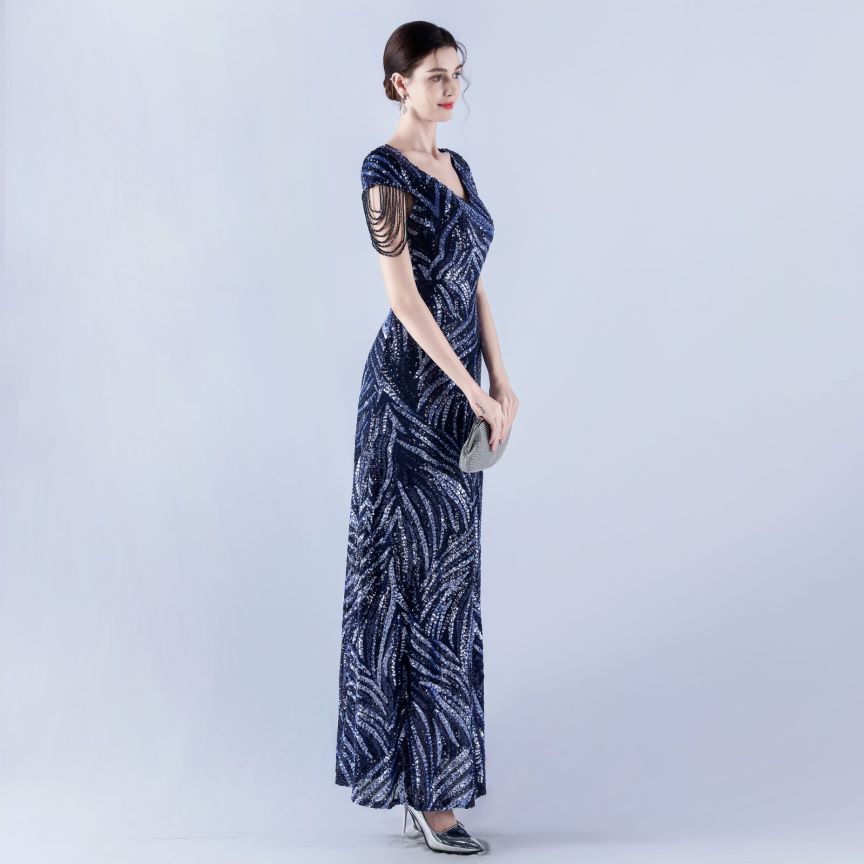 Sleeve Beads Sequins with A Line Evening Gown (Navy Blue) (Made To Order)