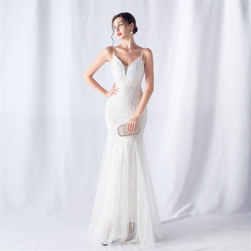 Spaghetti Sequins White Gown with Tulle Skirt Evening Gown (Made To Order)