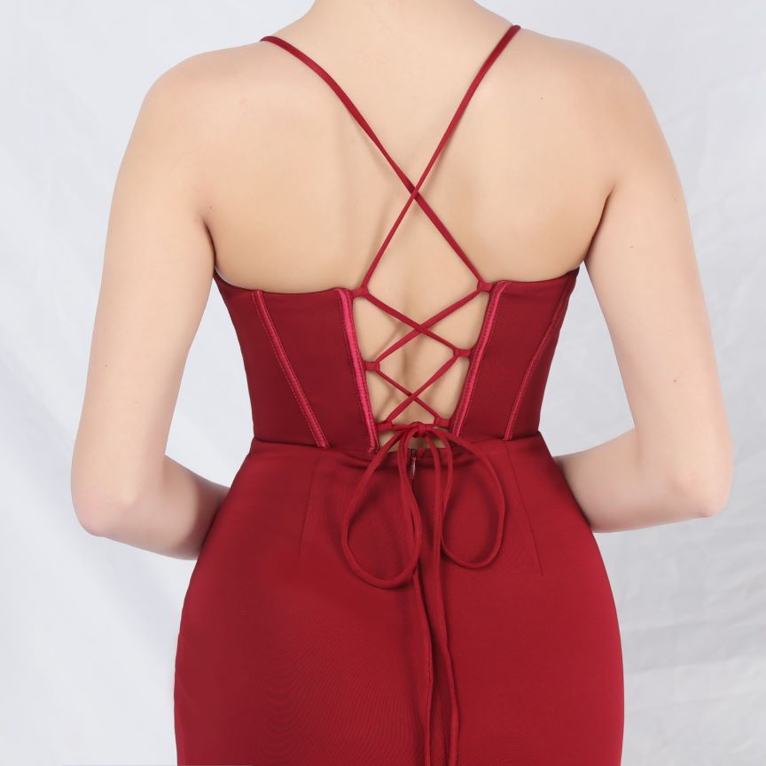 Spaghetti Back Cross Overlap Slit Evening Gown (Made To Order) (Maroon)