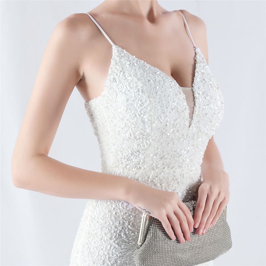 Spaghetti Two Tone Sequins Mermaid Evening Gown (White) (Made To Order)