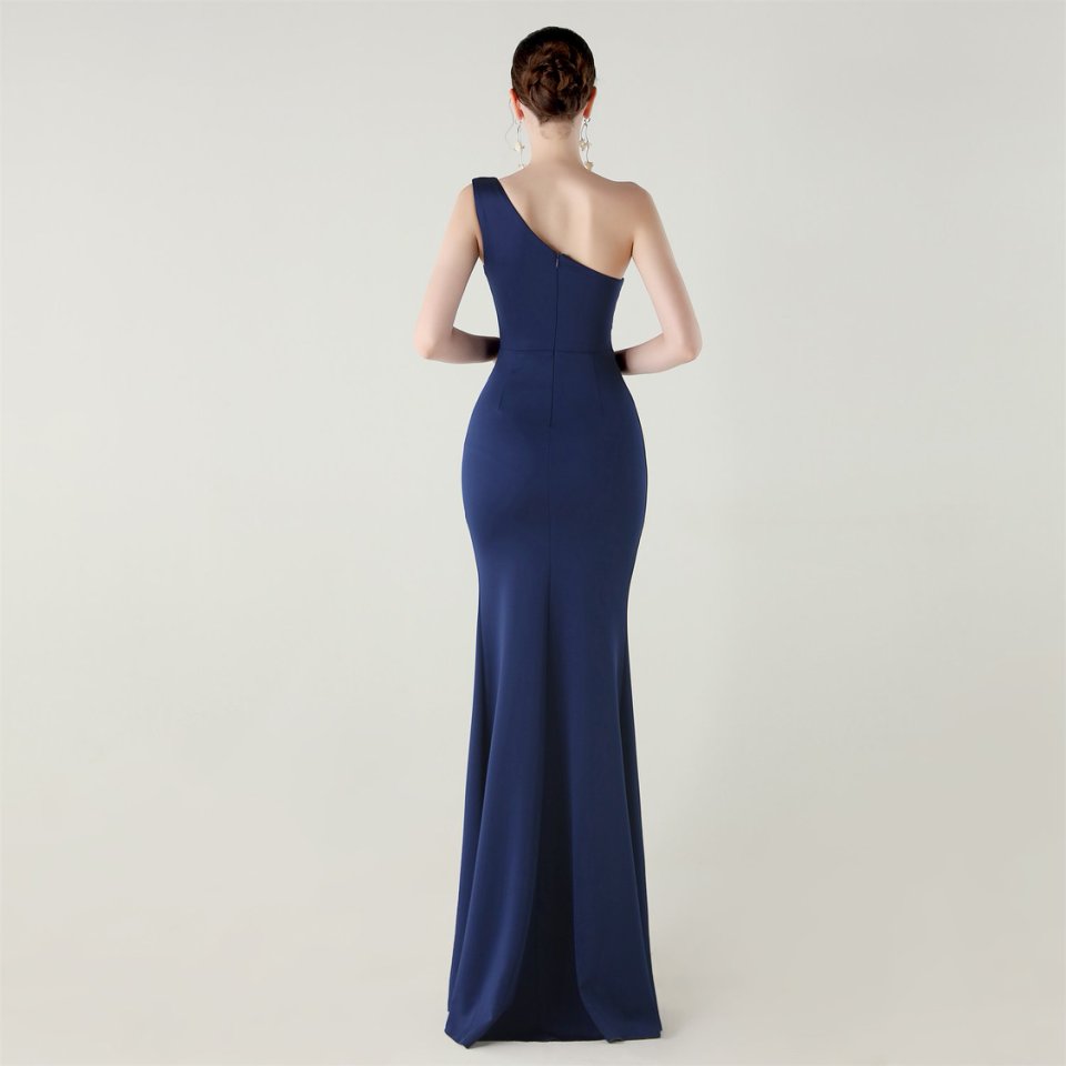 One Side Shoulder Pleated Evening Gown (Navy Blue) (Made To Order)