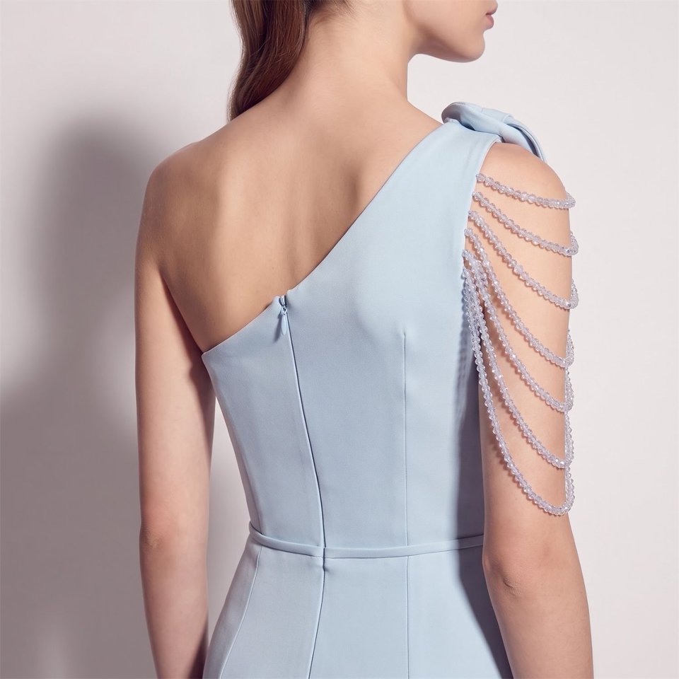 Elegant One-Shoulder Floral Evening Gown (Light Blue) (Made To Order)