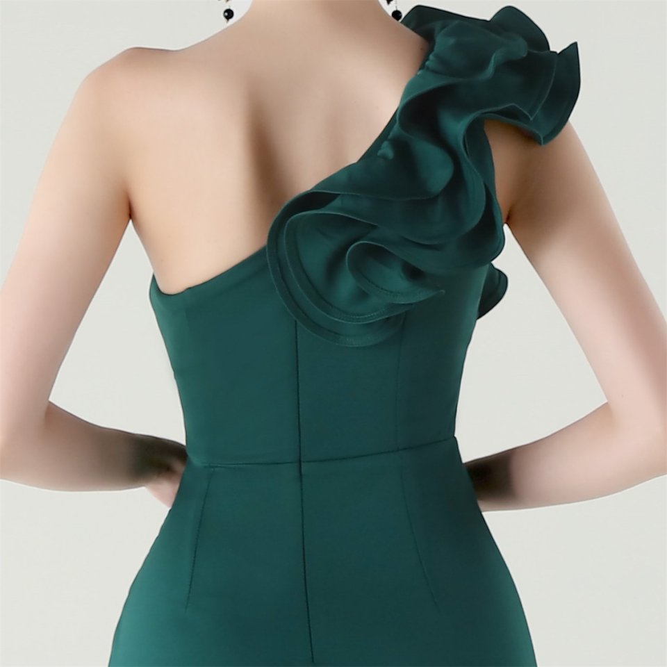 Gorgeous One Side Shoulder Fitting Evening Gown (Green) (Made To Order)
