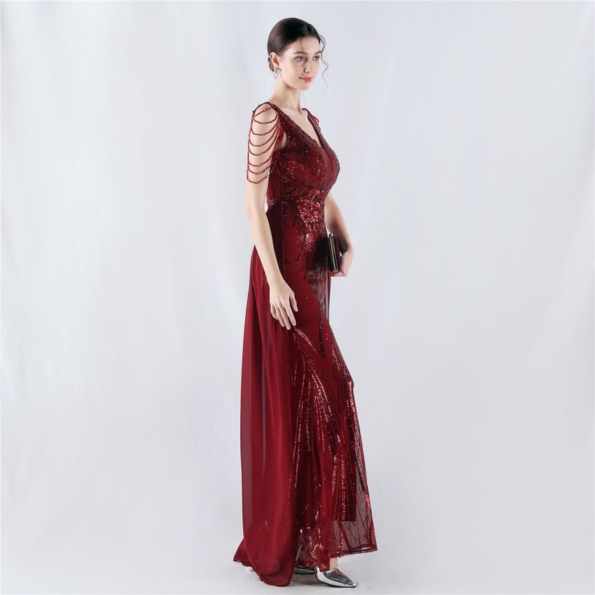 Elegant Crystal Beads Sequins Mermaid Cape Skirt Gown (Burgundy) (Made To Order)