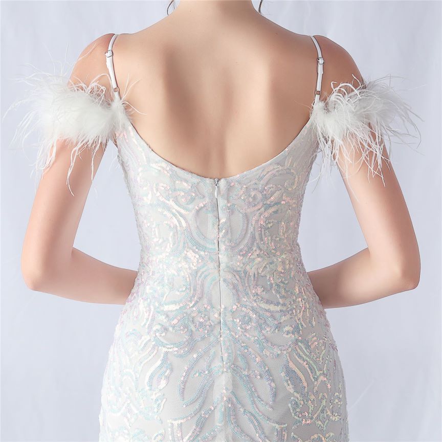 Cold Shoulder Feather Sequins Evening Gown (White) (Made To Order)