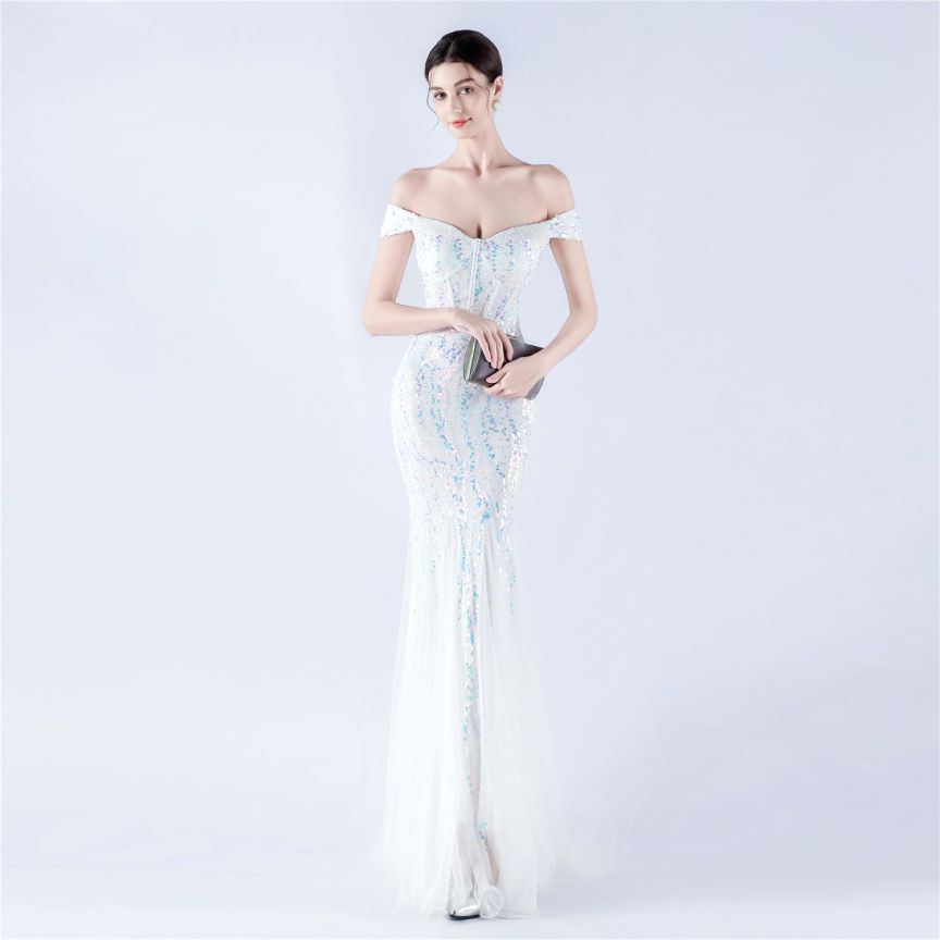 Off Shoulder Sequins Tulle Evening Gown (White) (Made To Order)